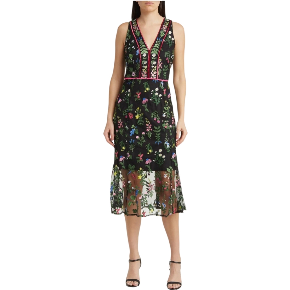 Sam Edelman Botanical‎ Embroidered Midi Dress 6 Black Mesh Floral Sleeveless